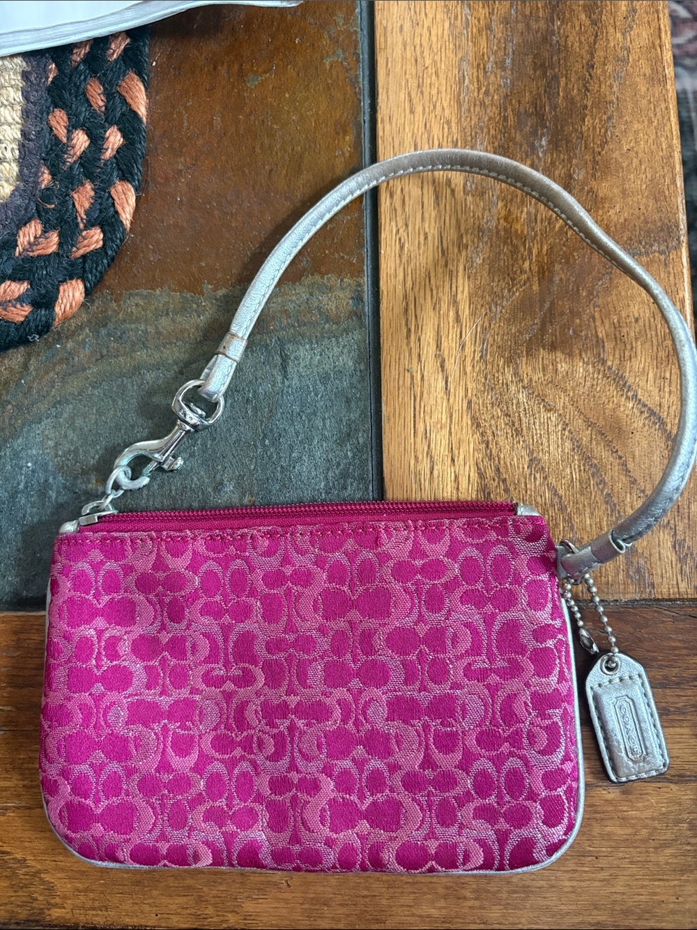 Coach Fuchsia Pink Signature Wristlet with Silver Strap